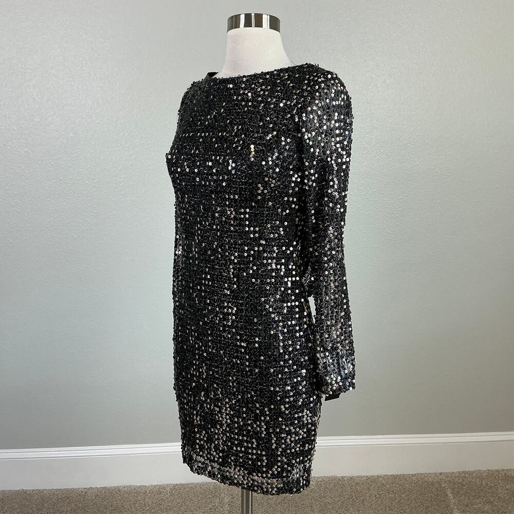 Betsy & Adam Black Sequined Long Sleeve Mini Sheath Cocktail Dress Size 4 LBD - Picture 6 of 13